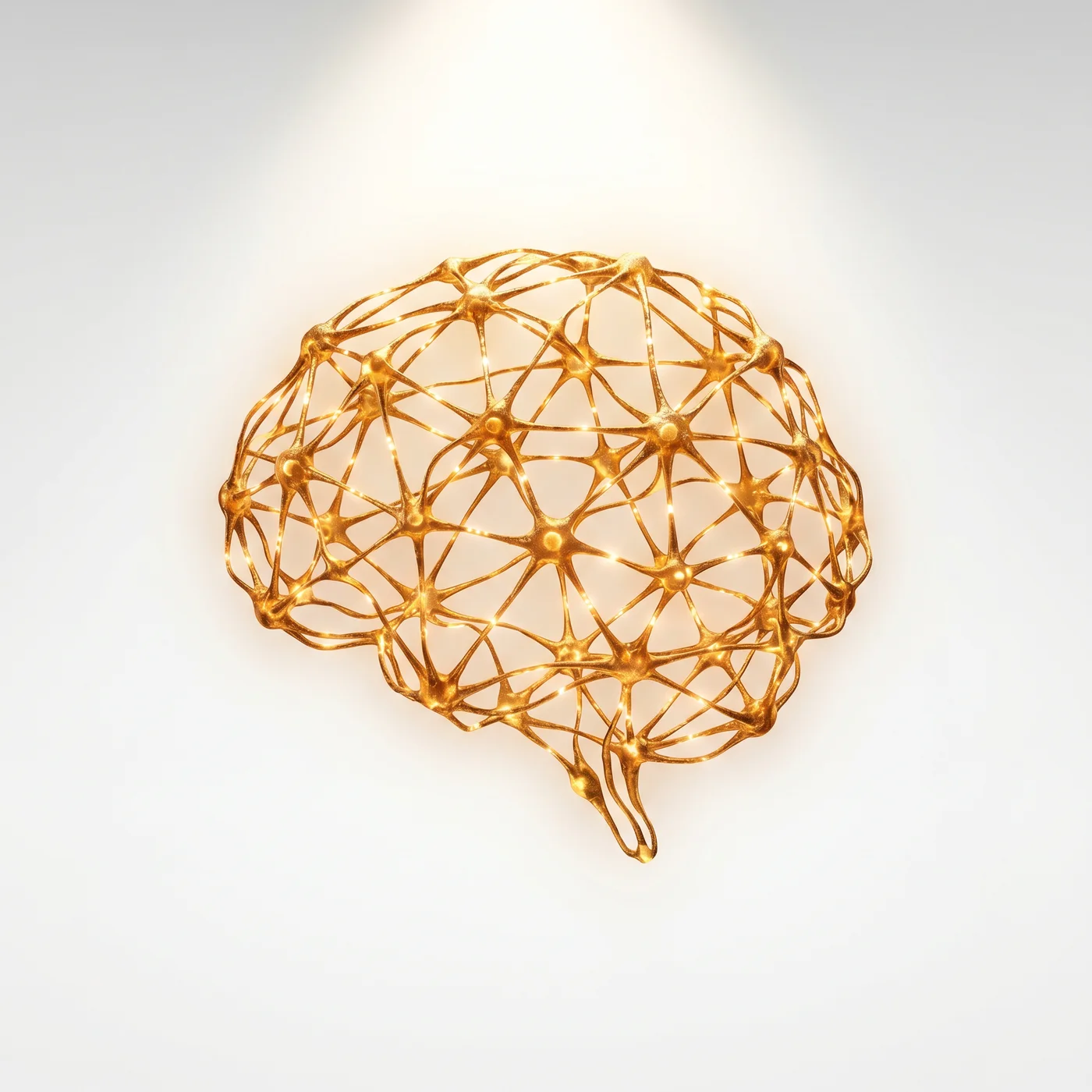 Golden illustration of a neural network shaped like a brain