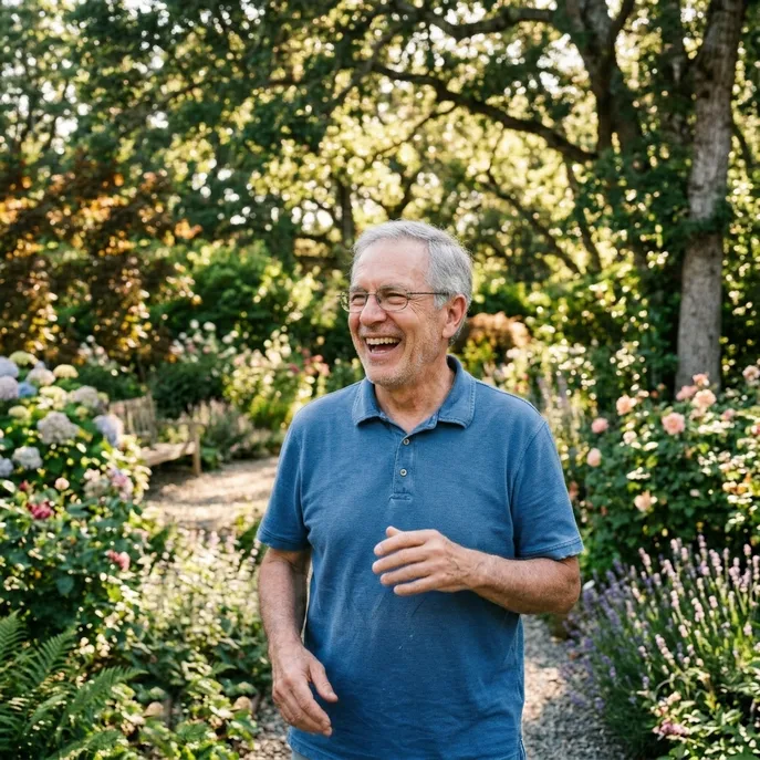 Older man laughing in a sunny garden