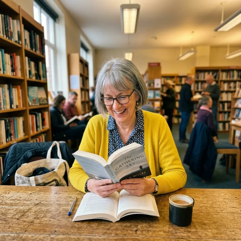 Woman reading a book in a library