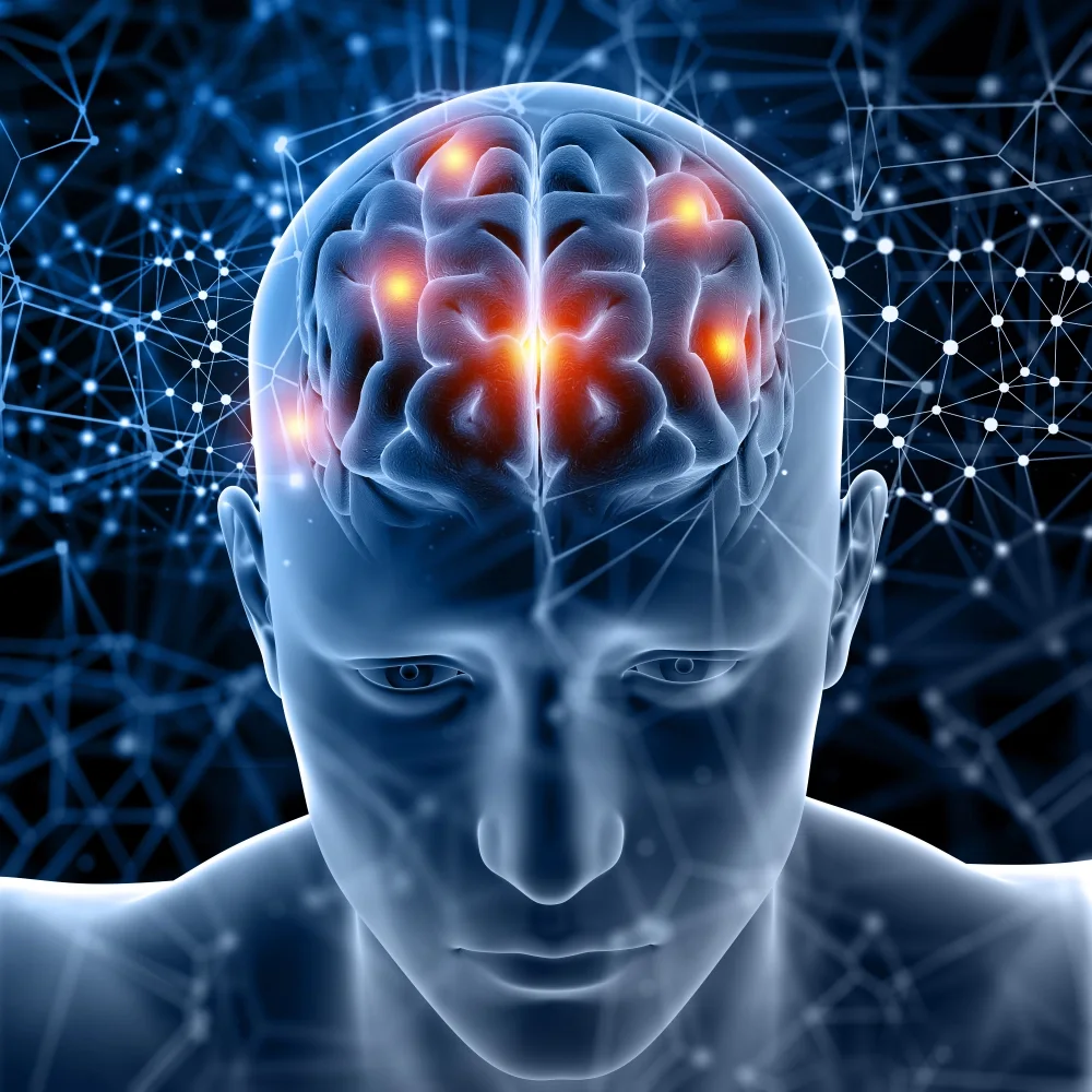 Illustration of an active human brain lit with neural signals