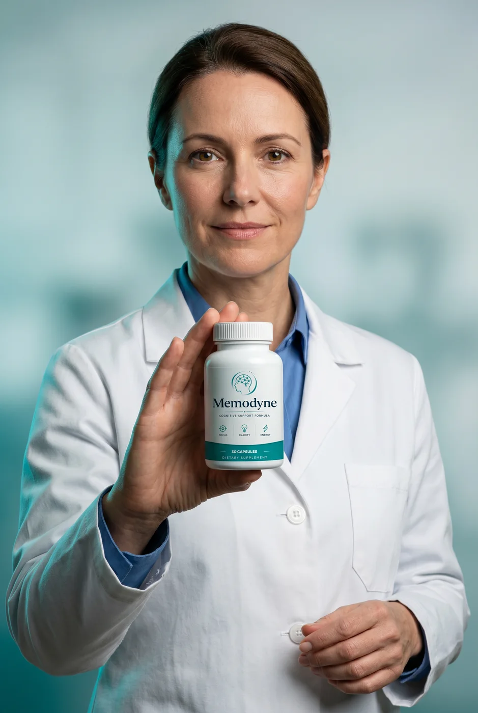 Formulation reviewer holding a bottle of Memodyne